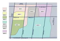 Map of all 6 wards, each one outlined and with a different colour