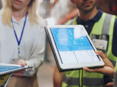 Closeup of three people, one holding a tablet and one dressed in a green safety vest