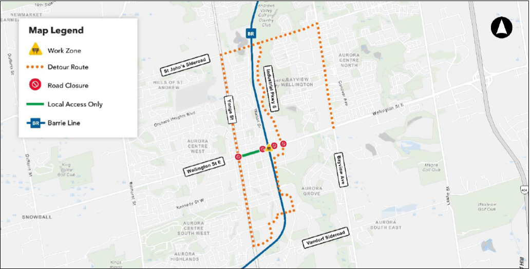Aurora map showing an orange dotted line detour near Yonge St., Industrial Pkwy S. and St. John Sideroad, with red icons near road closures on Wellington, near Yonge.