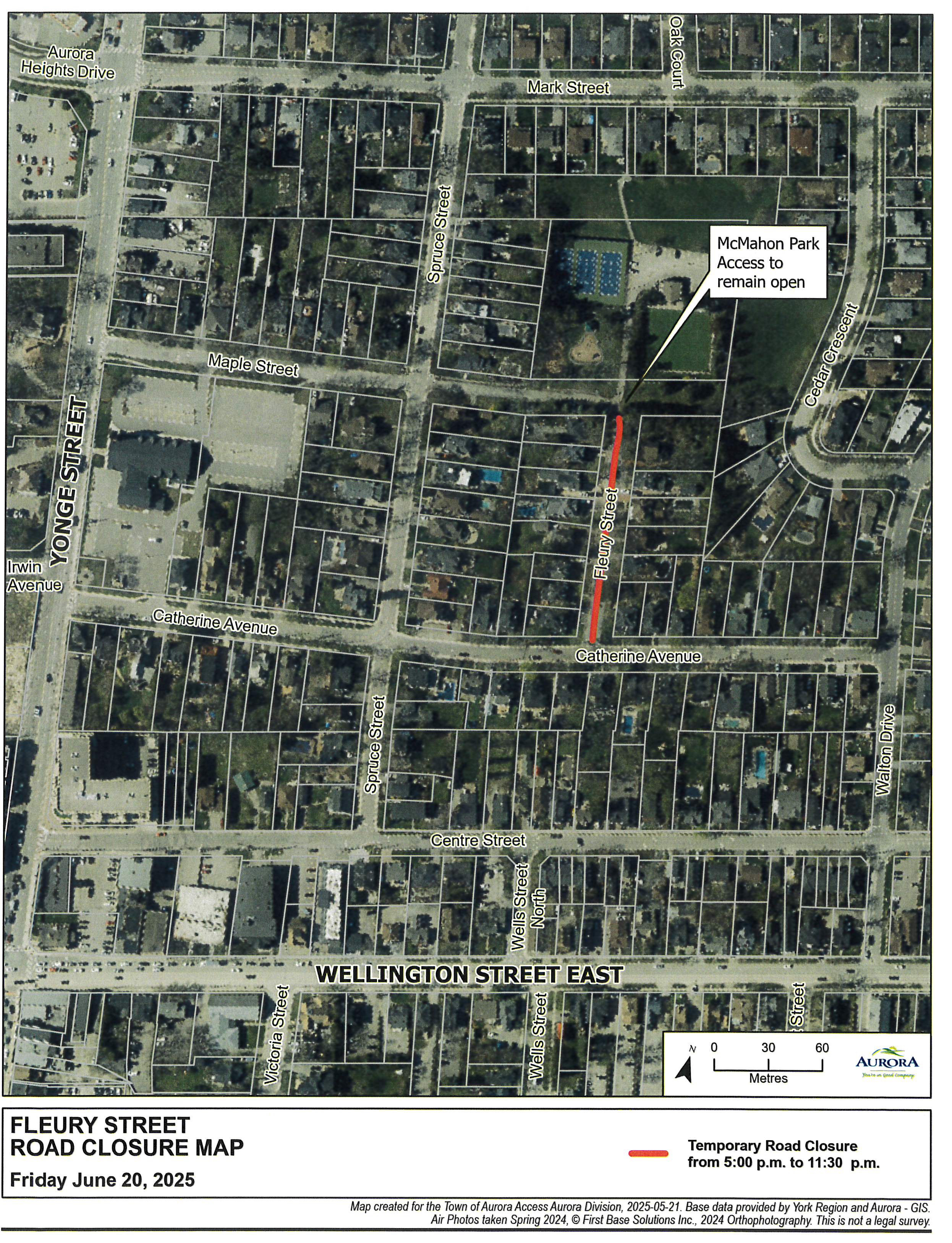Map of Aurora showing red line over Fleury Street