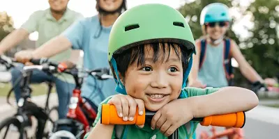 Family of four all on bicycles