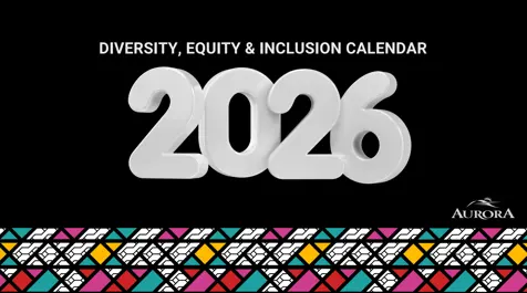 Cover of Diversity, Equity and Inclusion 2026 calendar with black background, and colourful graphic along the bottom
