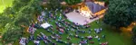 Aerial view on park and band stage large group of people