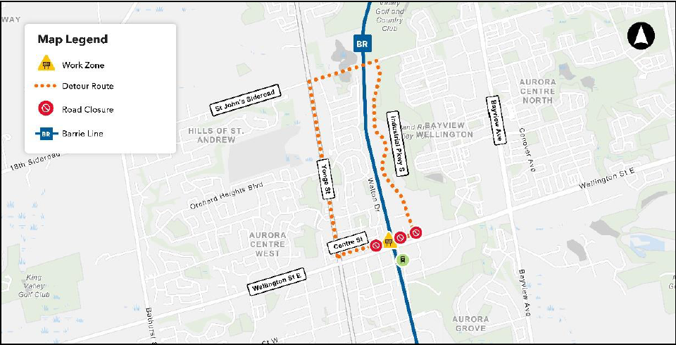 Aurora map showing an orange dotted line detour around Centre St., Yonge St., Walton Dr. and St. John Sideroad, with road closure red icons near Centre St. and Wellington.