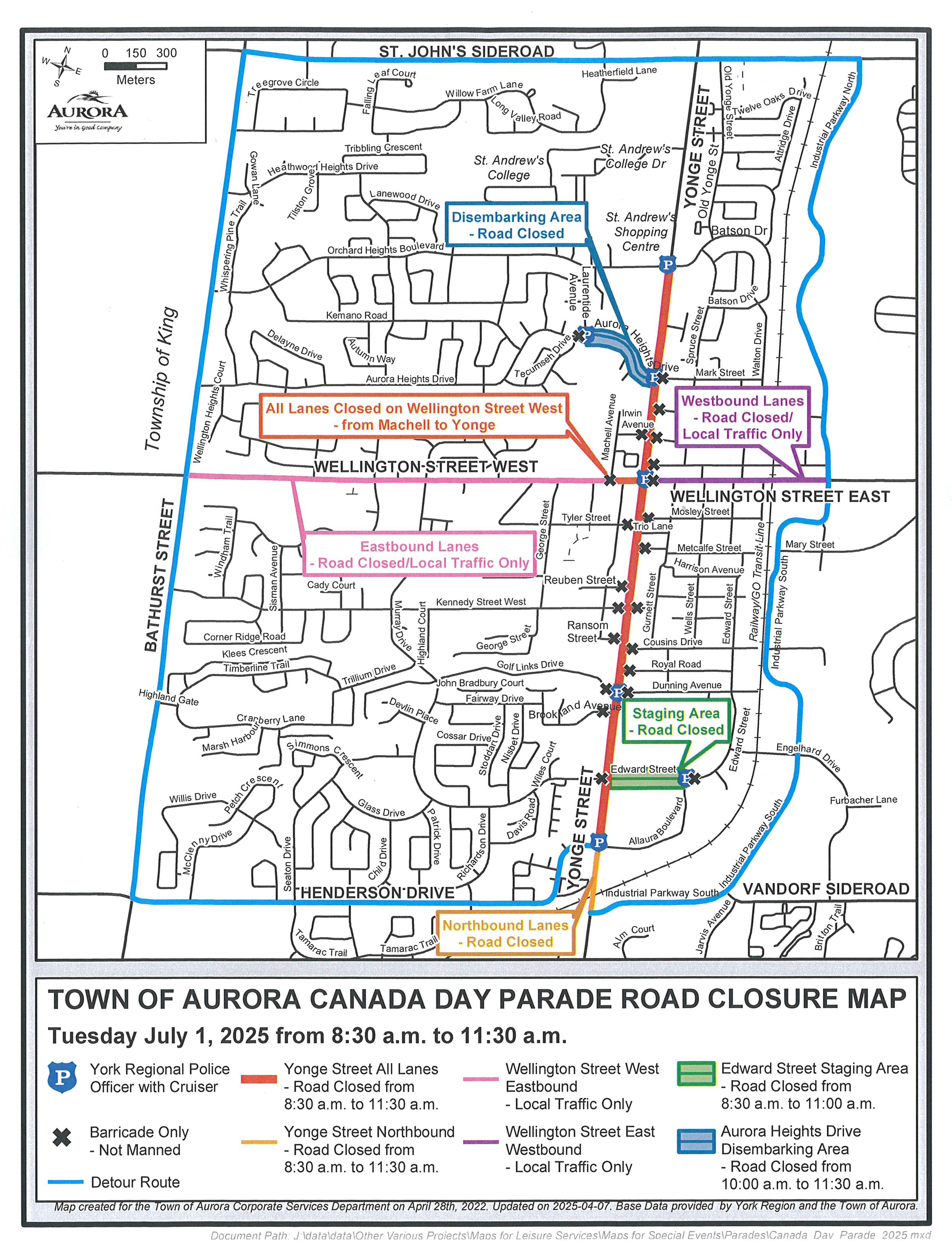 Aurora Map showing red line over Yonge street and road closures listed above on this page