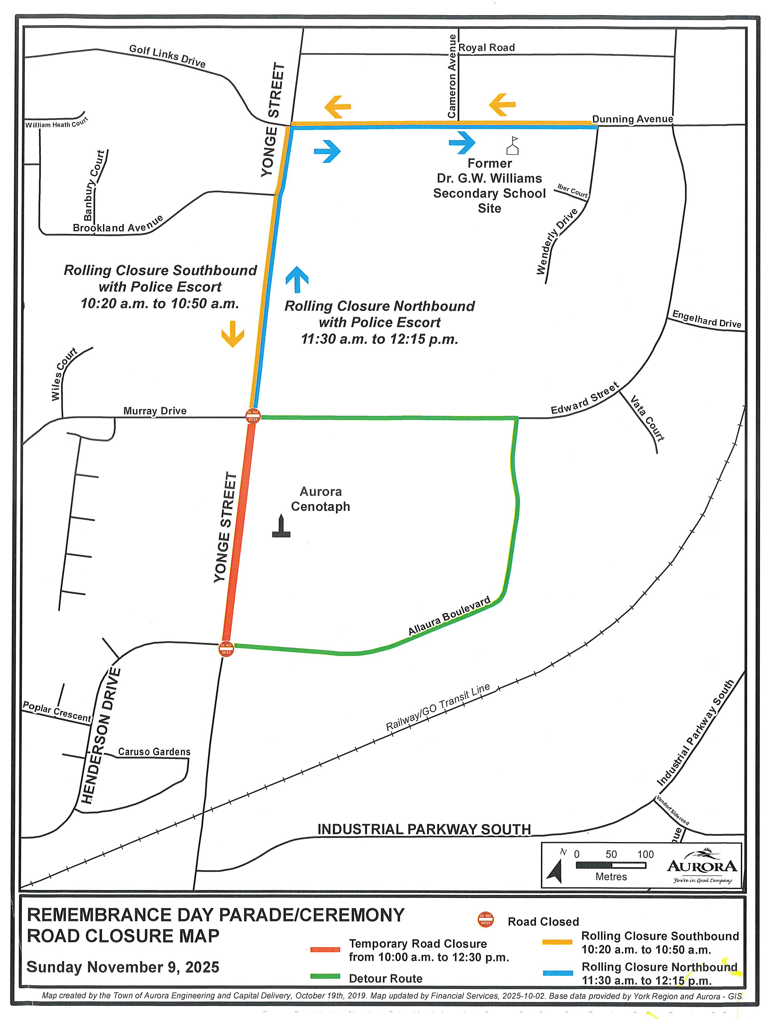 Road closures map of Aurora, showing the road closures listed in text for this event, with red line over Yonge St., between Murray Drive an Allaura Boulevard