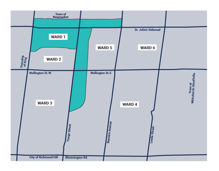 Map of all 6 wards, with Ward 1 highlighted in colour